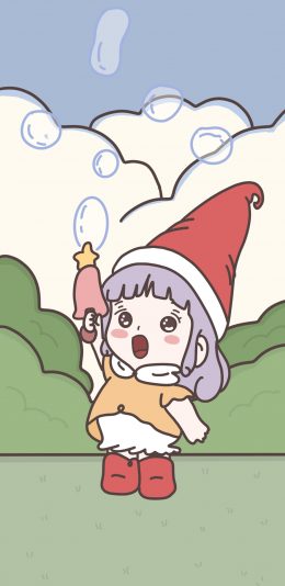 [2436x1125]卡通 女孩 吹泡泡 泡泡机 可爱 苹果手机动漫壁纸图片