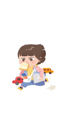 [2436x1125]卡通 女孩 奔跑 笔记本 面包 苹果手机动漫壁纸图片