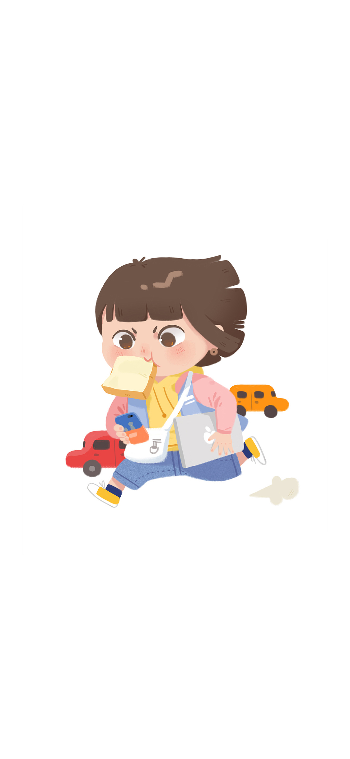 [2436×1125]卡通 女孩 奔跑 笔记本 面包 苹果手机动漫壁纸图片