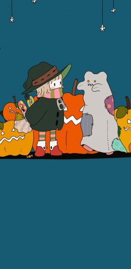 [2436x1125]卡通 女孩 女巫帽 扮鬼 苹果手机动漫壁纸图片