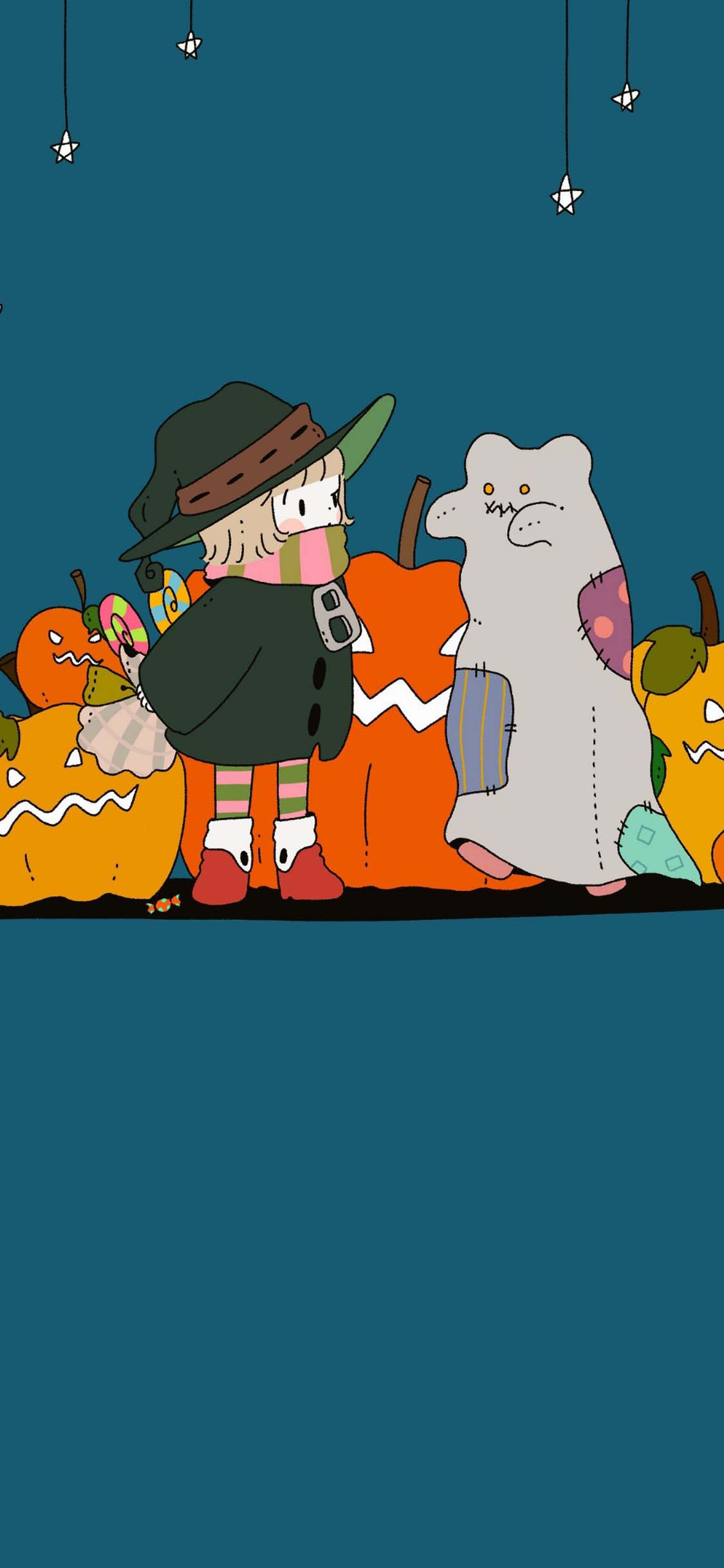 [2436×1125]卡通 女孩 女巫帽 扮鬼 苹果手机动漫壁纸图片