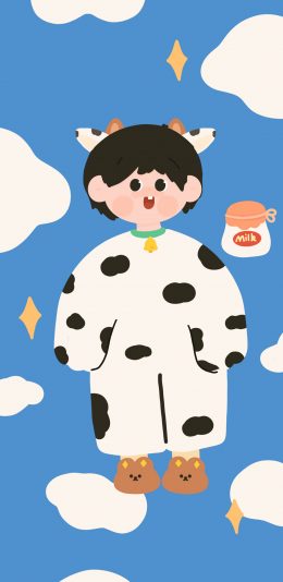 [2436x1125]卡通 女孩 奶牛 milk（取自微博：请你吃番茄呀） 苹果手机动漫壁纸图片