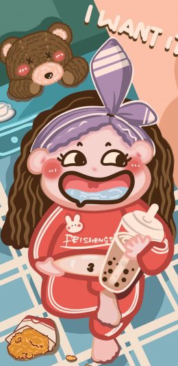 [2436x1125]卡通 女孩 奶茶 肥宅 苹果手机动漫壁纸图片