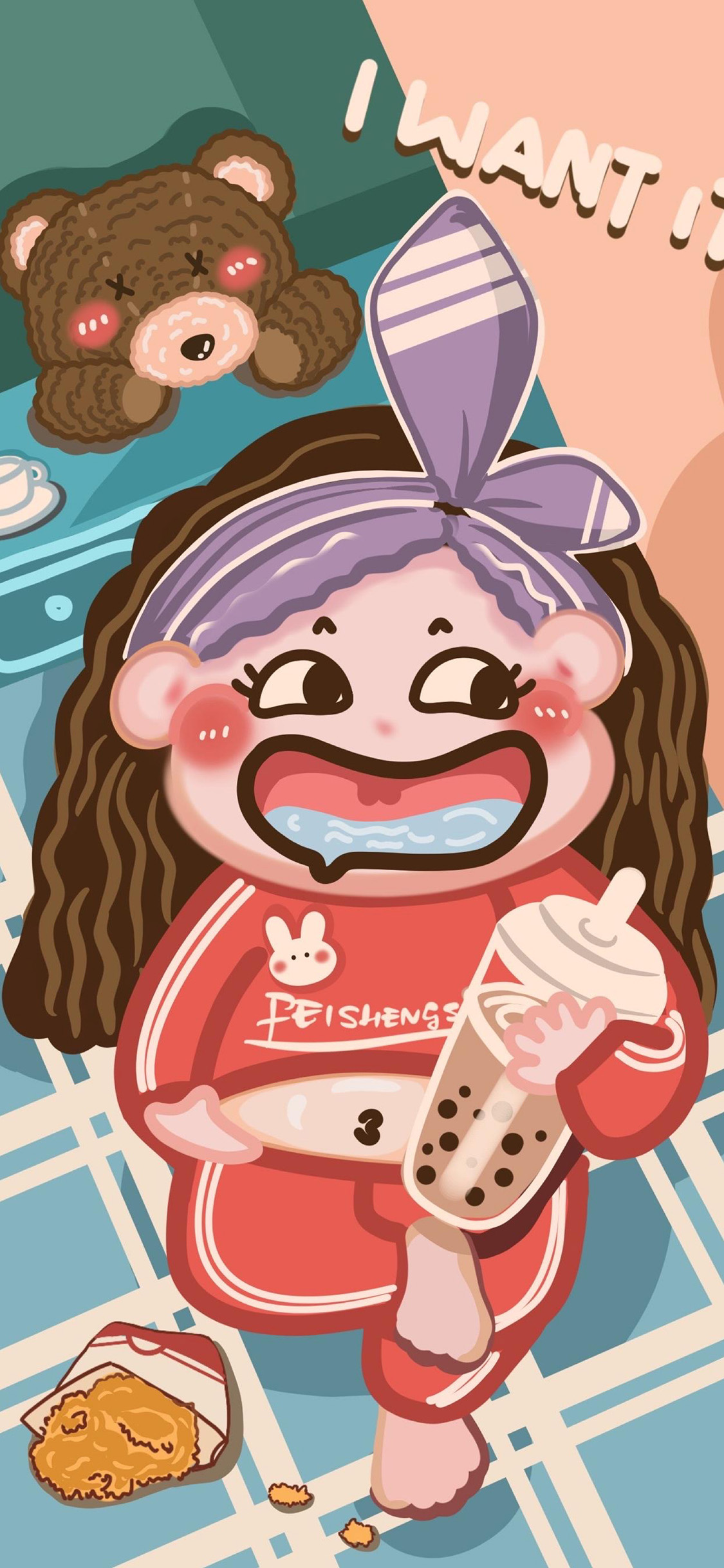 [2436×1125]卡通 女孩 奶茶 肥宅 苹果手机动漫壁纸图片