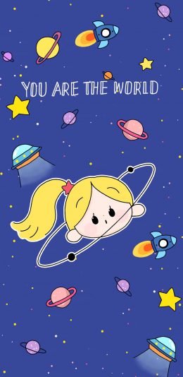 [2436x1125]卡通 女孩 宇宙 行星 YOU ARE THE WORLD 苹果手机动漫壁纸图片