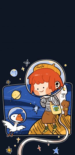 [2436x1125]卡通 女孩 宇航员 大白鹅 苹果手机动漫壁纸图片