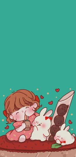 [2436x1125]卡通 女孩 小兔子 爱心 苹果手机动漫壁纸图片