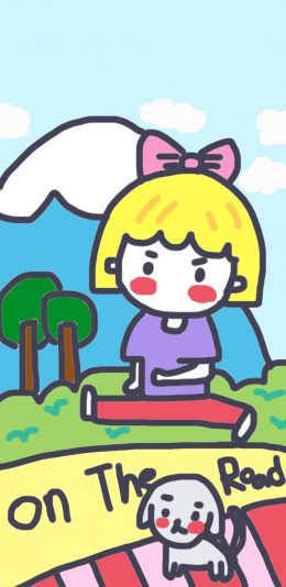 [2436x1125]卡通 女孩 小狗 色彩 on the read 苹果手机动漫壁纸图片