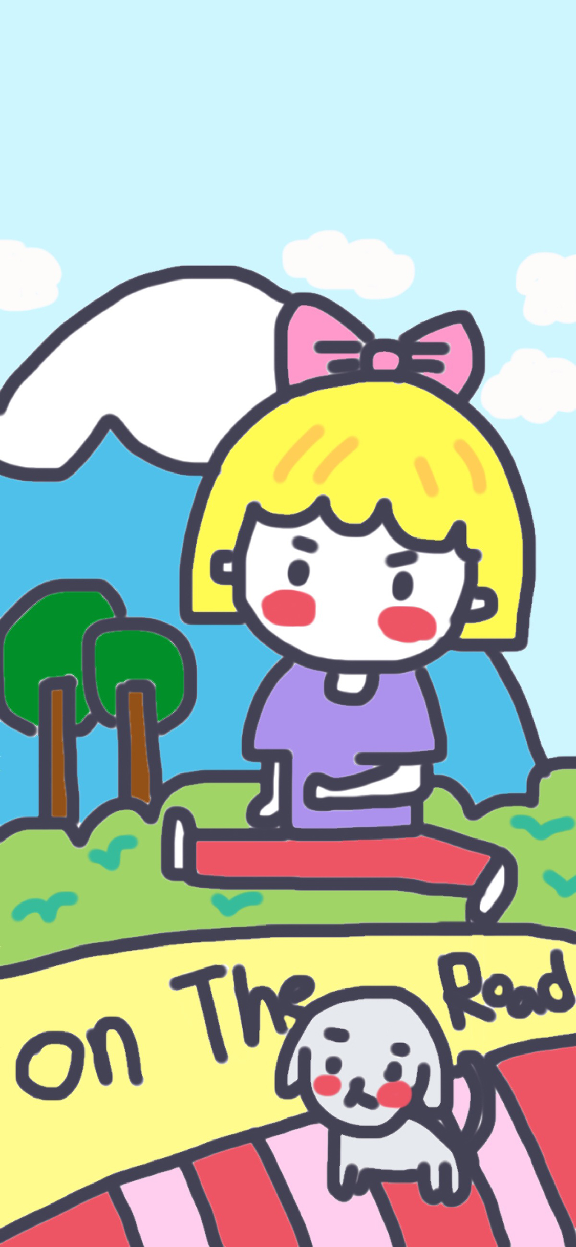 [2436×1125]卡通 女孩 小狗 色彩 on the read 苹果手机动漫壁纸图片