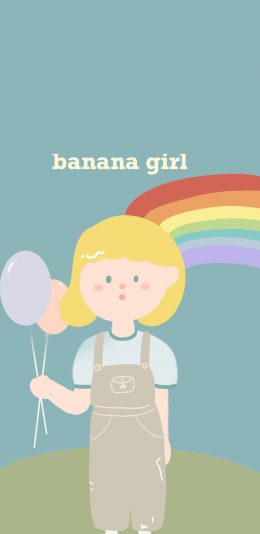 [2436x1125]卡通 女孩 彩虹 Bannana girl（取自微博：林槿） 苹果手机动漫壁纸图片