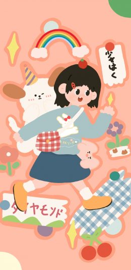 [2436x1125]卡通 女孩 彩虹 滑板（取自微博：请你吃番茄呀） 苹果手机动漫壁纸图片