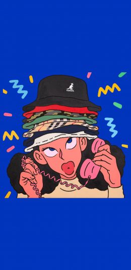 [2436x1125]卡通 女孩 打电话 帽子 苹果手机动漫壁纸图片