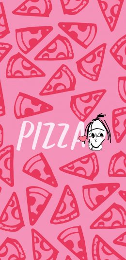 [2436x1125]卡通 女孩 披萨 平铺 粉色 pizza 苹果手机动漫壁纸图片