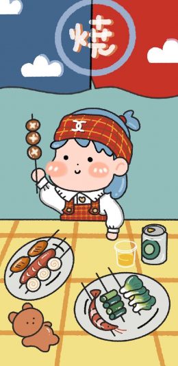 [2436x1125]卡通 女孩 日式 烧烤 苹果手机动漫壁纸图片