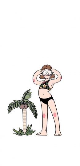 [2436x1125]卡通 女孩 泳装 椰子树 苹果手机动漫壁纸图片