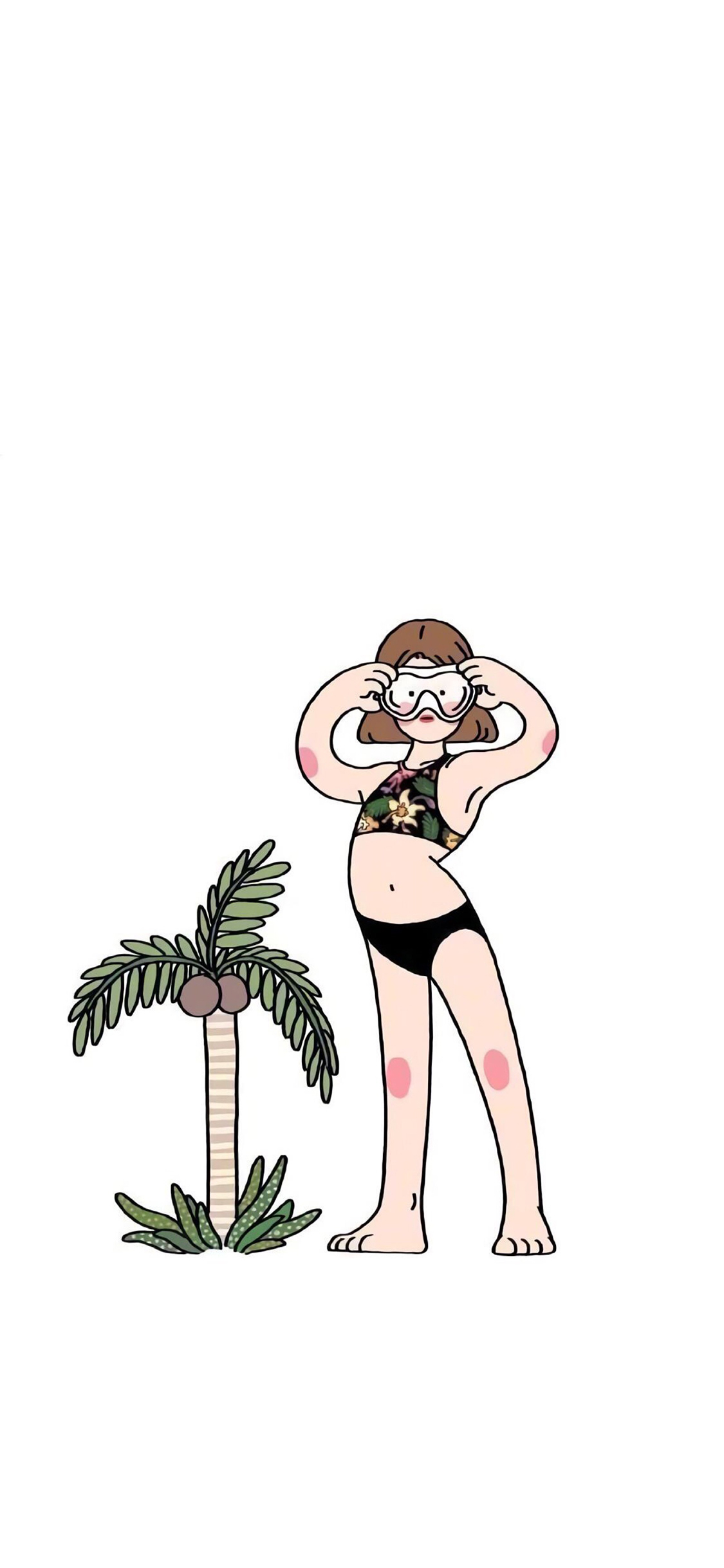 [2436×1125]卡通 女孩 泳装 椰子树 苹果手机动漫壁纸图片
