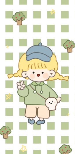 [2436x1125]卡通 女孩 清新 方格 苹果手机动漫壁纸图片