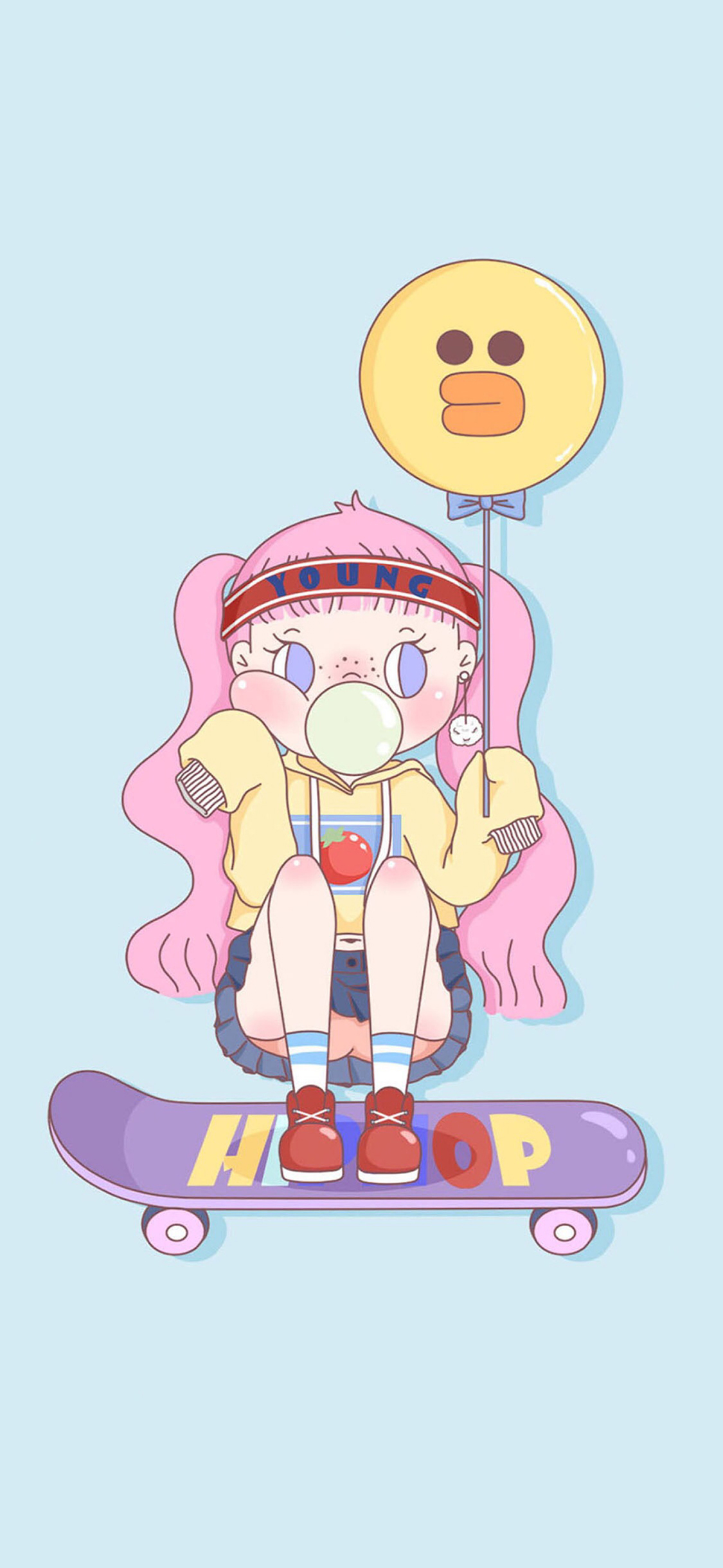 [2436×1125]卡通 女孩 滑板 潮流 苹果手机动漫壁纸图片