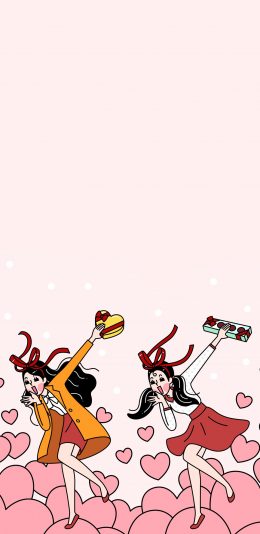 [2436x1125]卡通 女孩 爱心 粉色 苹果手机动漫壁纸图片