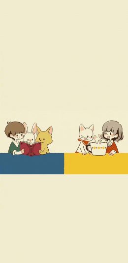 [2436x1125]卡通 女孩 狐狸 兔子 苹果手机动漫壁纸图片