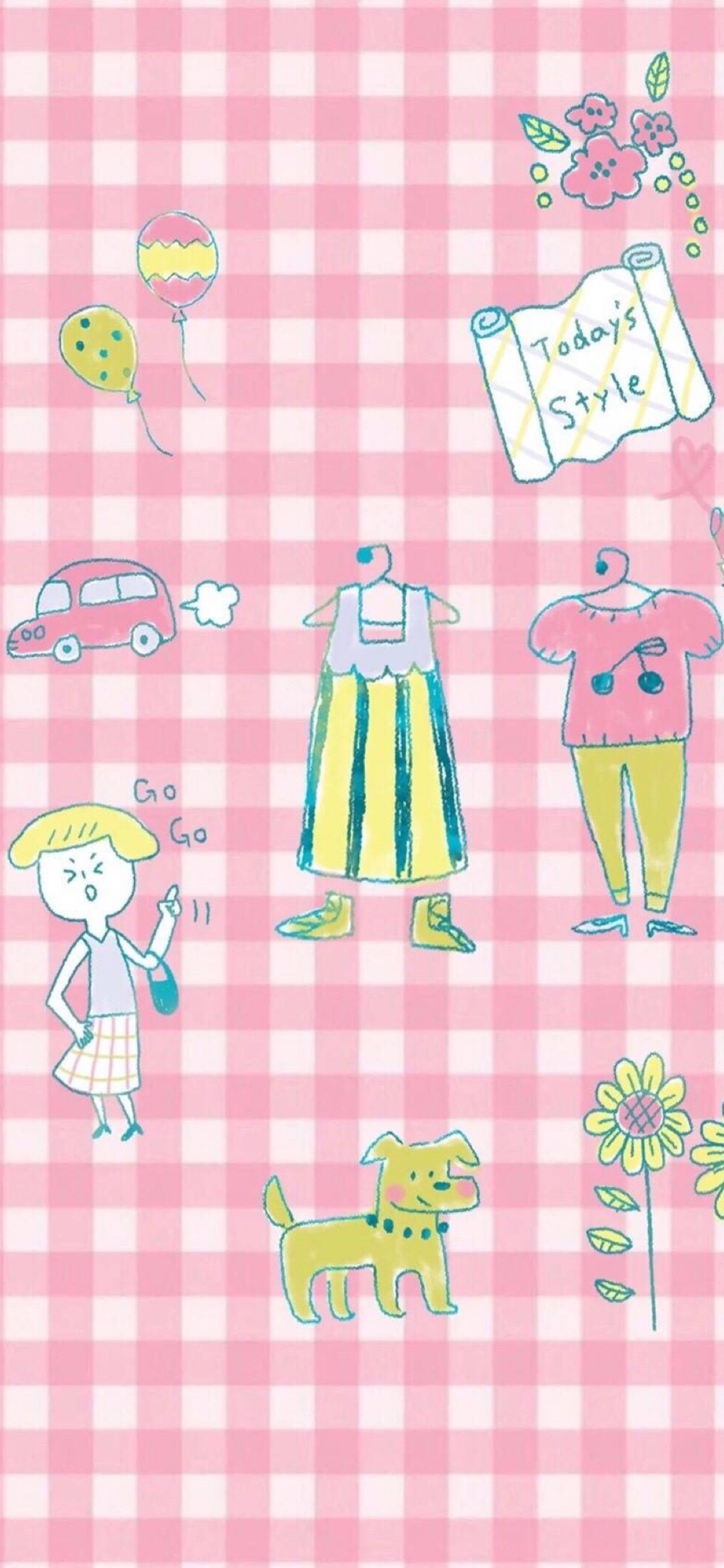 [2436×1125]卡通 女孩 狗狗 服装 粉色系 格子 苹果手机动漫壁纸图片