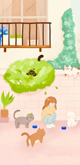 [2436x1125]卡通 女孩 猫咪 喂食 苹果手机动漫壁纸图片