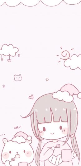 [2436x1125]卡通 女孩 猫咪 萌物 粉色 少女心 苹果手机动漫壁纸图片