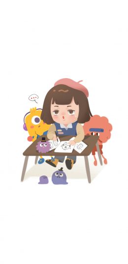 [2436x1125]卡通 女孩 画画 可爱 苹果手机动漫壁纸图片