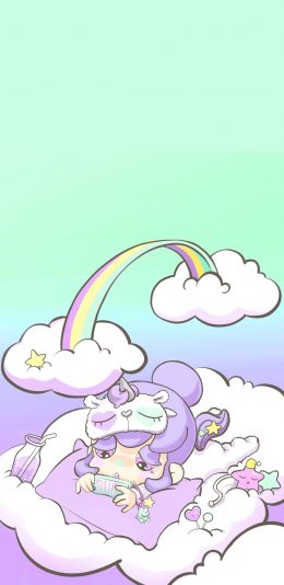 [2436x1125]卡通 女孩 睡觉 彩虹 苹果手机动漫壁纸图片