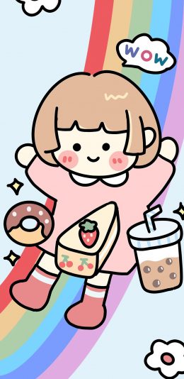 [2436x1125]卡通 女孩 短发 彩虹 奶茶 苹果手机动漫壁纸图片