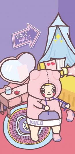 [2436x1125]卡通 女孩 粉色 可爱 苹果手机动漫壁纸图片