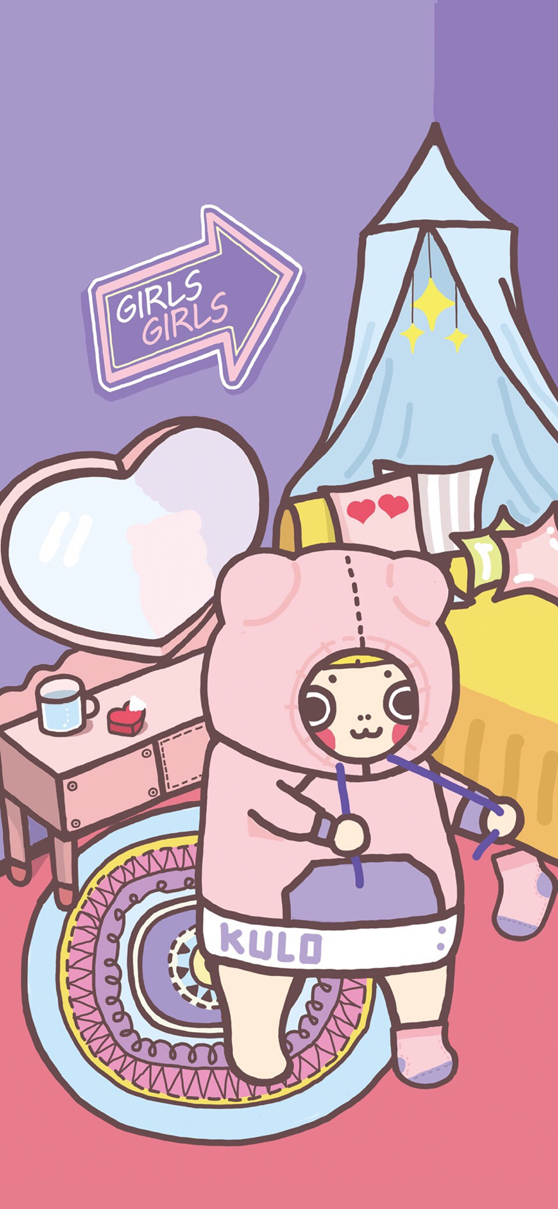 [2436×1125]卡通 女孩 粉色 可爱 苹果手机动漫壁纸图片