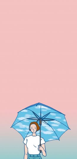 [2436x1125]卡通 女孩 粉色渐变 撑伞 苹果手机动漫壁纸图片