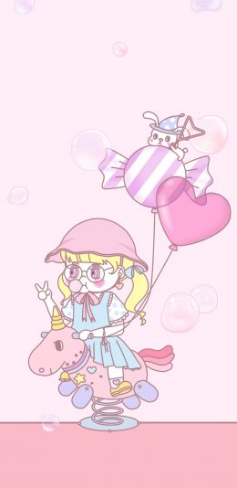 [2436x1125]卡通 女孩 粉色系 木马 可爱 苹果手机动漫壁纸图片