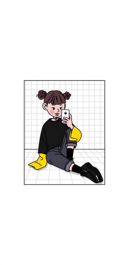 [2436x1125]卡通 女孩 自拍 插画师SINANA 苹果手机动漫壁纸图片