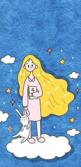 [2436x1125]卡通 女孩 长发 兔子 苹果手机动漫壁纸图片