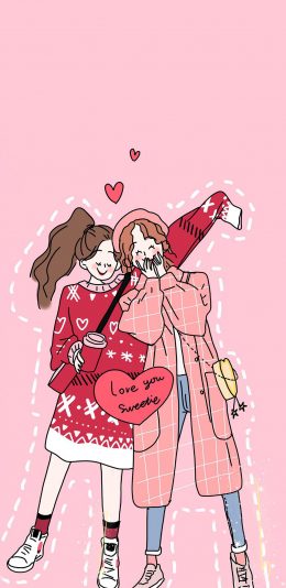 [2436x1125]卡通 女孩 闺蜜 love you sweetie 苹果手机动漫壁纸图片