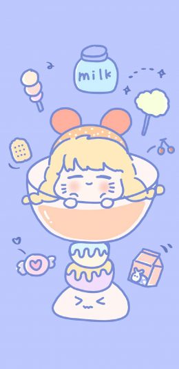 [2436x1125]卡通 女孩 零食 milk（取自微博：是谁偷吃了奶酪） 苹果手机动漫壁纸图片