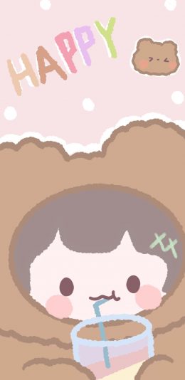 [2436x1125]卡通 女孩 饮料 可爱 happy（取自微博：菜几几呦） 苹果手机动漫壁纸图片