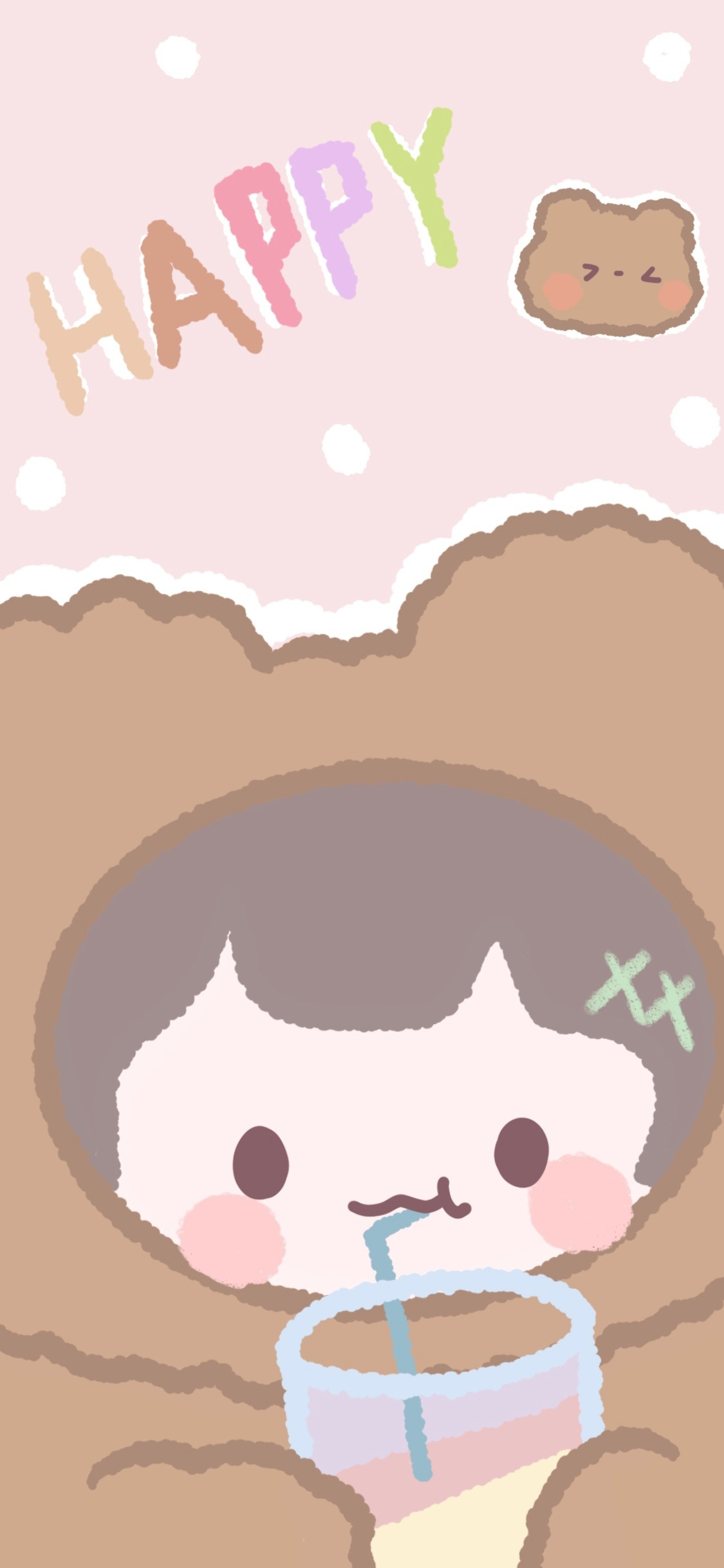 [2436×1125]卡通 女孩 饮料 可爱 happy（取自微博：菜几几呦） 苹果手机动漫壁纸图片