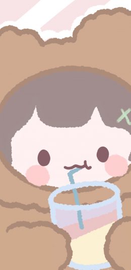 [2436x1125]卡通 女孩 饮料 可爱（取自微博：菜几几呦） 苹果手机动漫壁纸图片