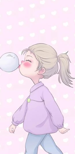 [2436x1125]卡通 女孩 马尾 泡泡糖 苹果手机动漫壁纸图片