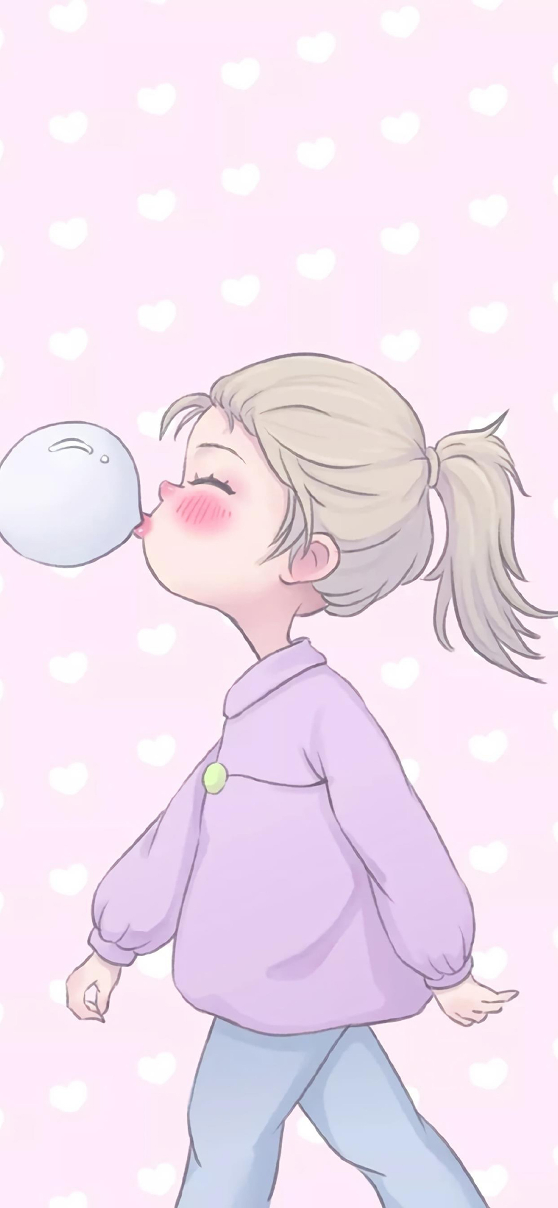 [2436×1125]卡通 女孩 马尾 泡泡糖 苹果手机动漫壁纸图片