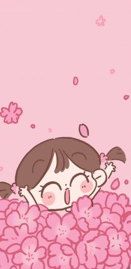 [2436x1125]卡通 女孩 鲜花 花海 粉 苹果手机动漫壁纸图片