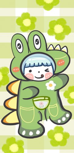 [2436x1125]卡通 女孩 鳄鱼套装 绿色 苹果手机动漫壁纸图片