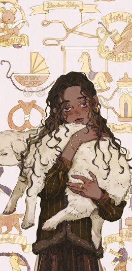 [2436x1125]卡通 女孩 黑人 羊羔 苹果手机动漫壁纸图片