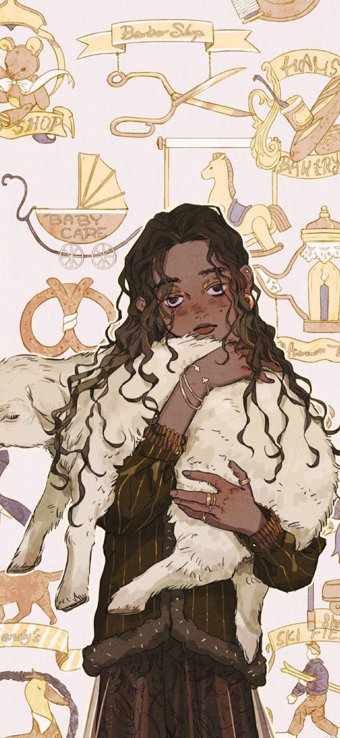 [2436×1125]卡通 女孩 黑人 羊羔 苹果手机动漫壁纸图片