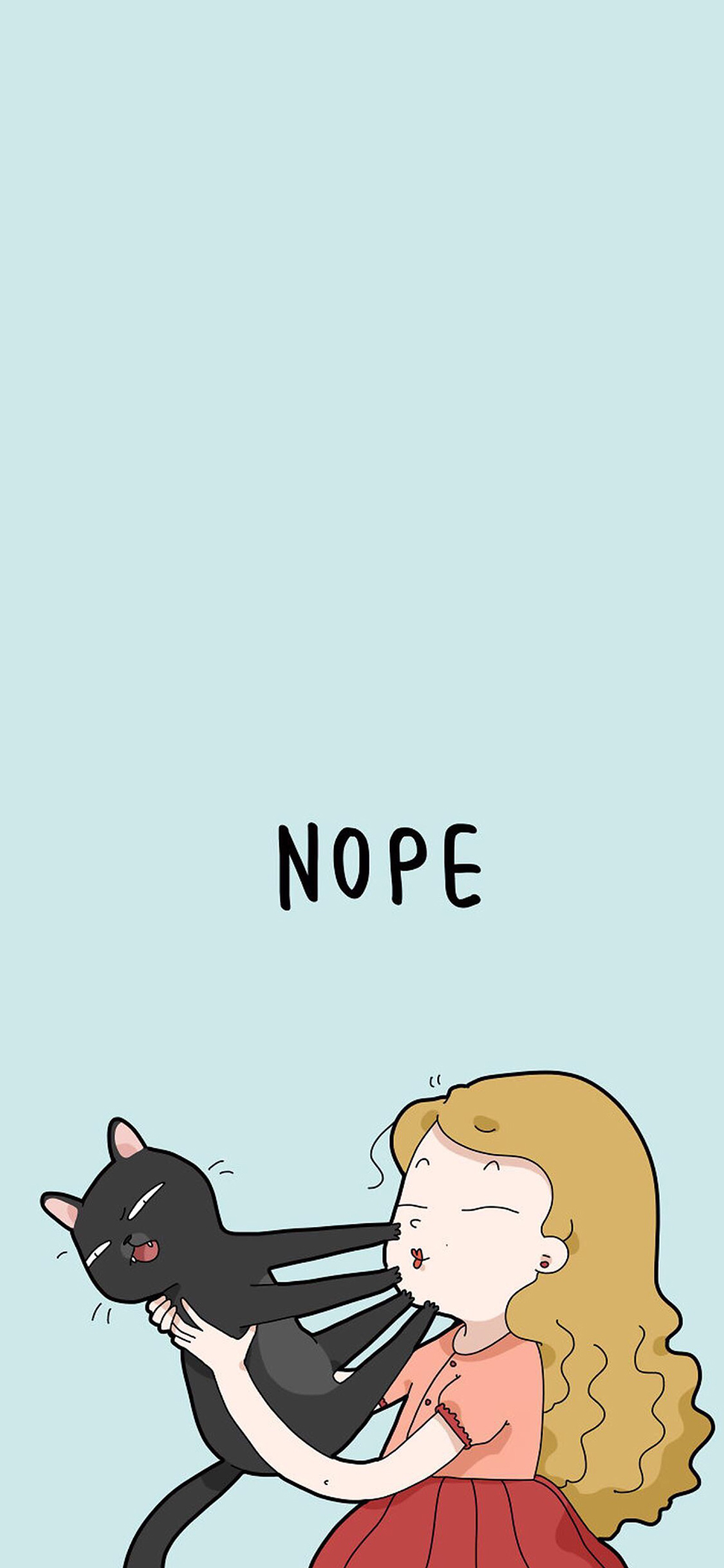 [2436×1125]卡通 女孩 黑猫 NOPE 苹果手机动漫壁纸图片