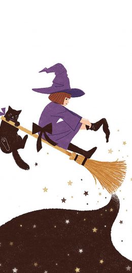 [2436x1125]卡通 女巫 黑猫 魔法扫把 苹果手机动漫壁纸图片