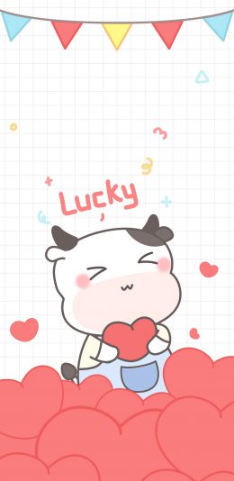[2436x1125]卡通 奶牛 lucky 爱心 苹果手机动漫壁纸图片